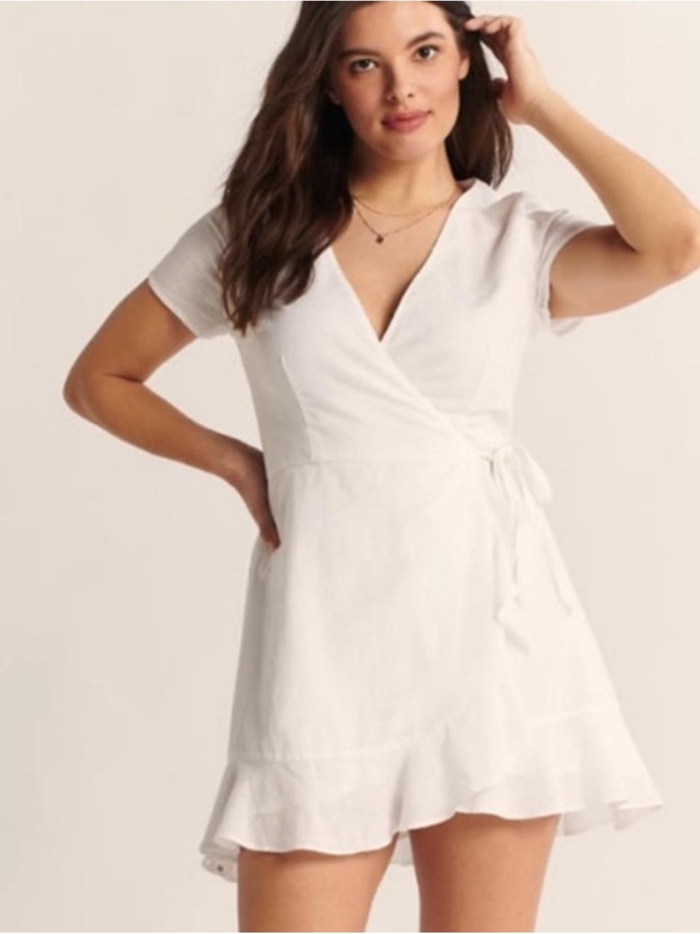 Abercrombie & Fitch White Wrap Short-Sleeve Ruffle-Hem Dress